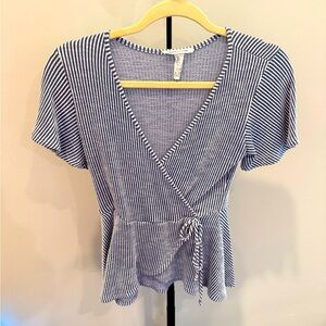 Caution To The Wind Blue & White Wrap Peplum Blouse |Size Small
